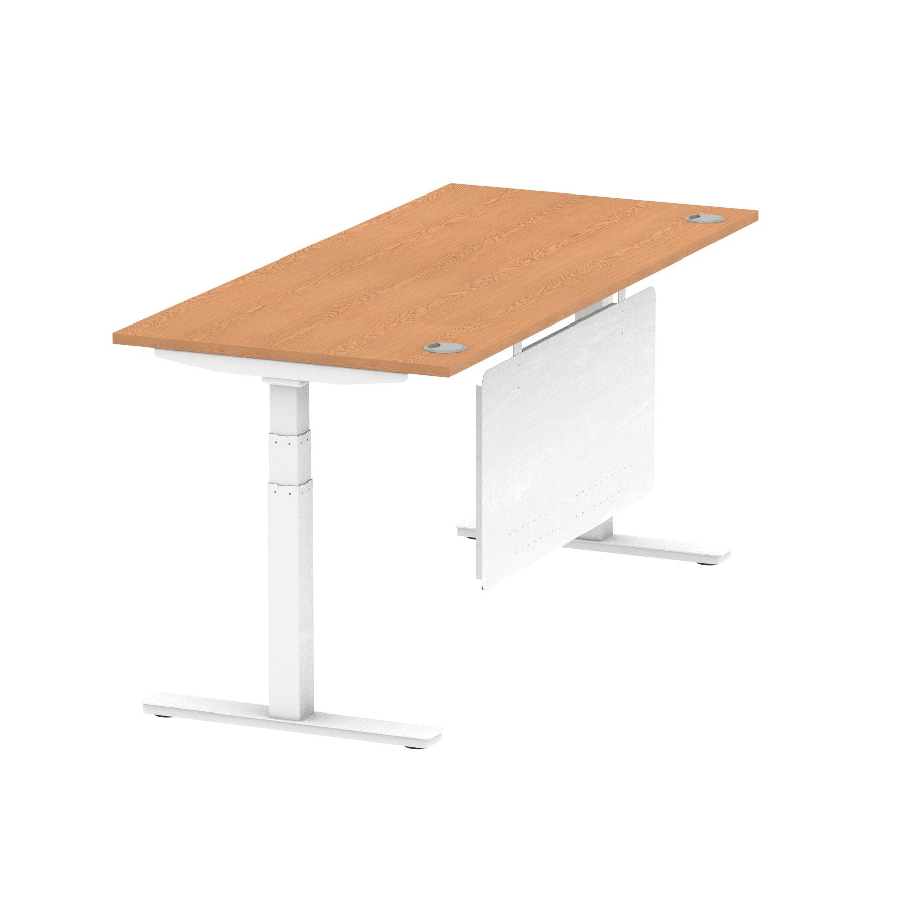 Air Modesty 800mm Height Adjustable Office Desk Oak Top Cable Ports White Leg With White Steel Modesty Panel - Price Crash Furniture