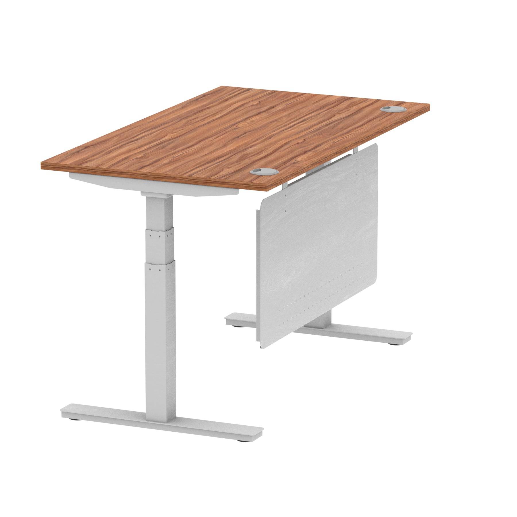 Air Modesty 800mm Height Adjustable Office Desk Walnut Top Cable Ports Silver Leg With Silver Steel Modesty Panel - Price Crash Furniture