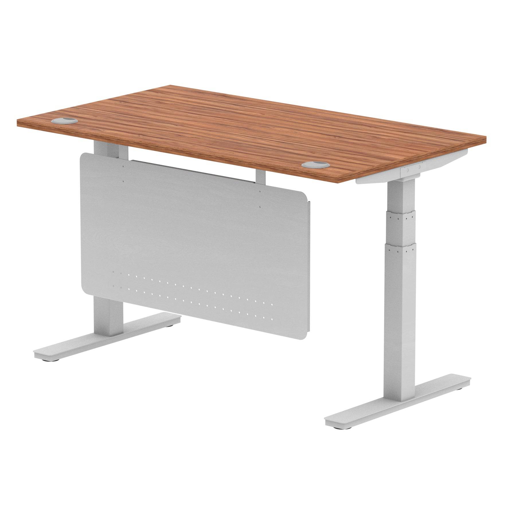 Air Modesty 800mm Height Adjustable Office Desk Walnut Top Cable Ports Silver Leg With Silver Steel Modesty Panel - Price Crash Furniture