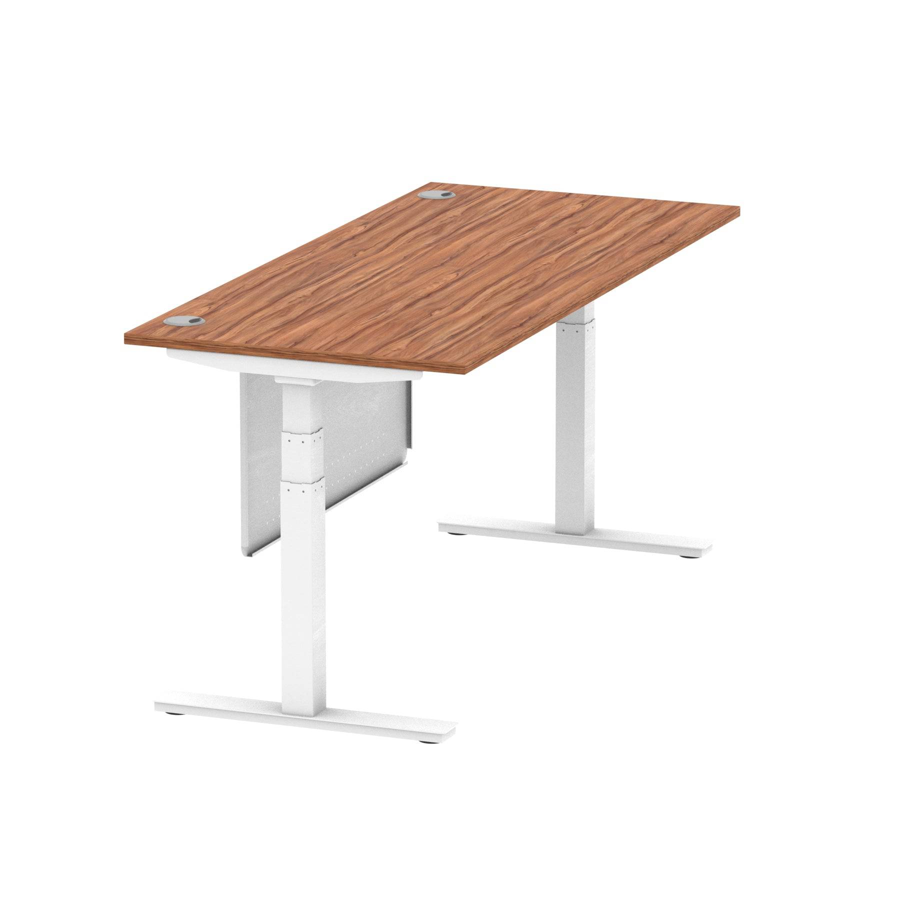 Air Modesty 800mm Height Adjustable Office Desk Walnut Top Cable Ports White Leg With White Steel Modesty Panel - Price Crash Furniture