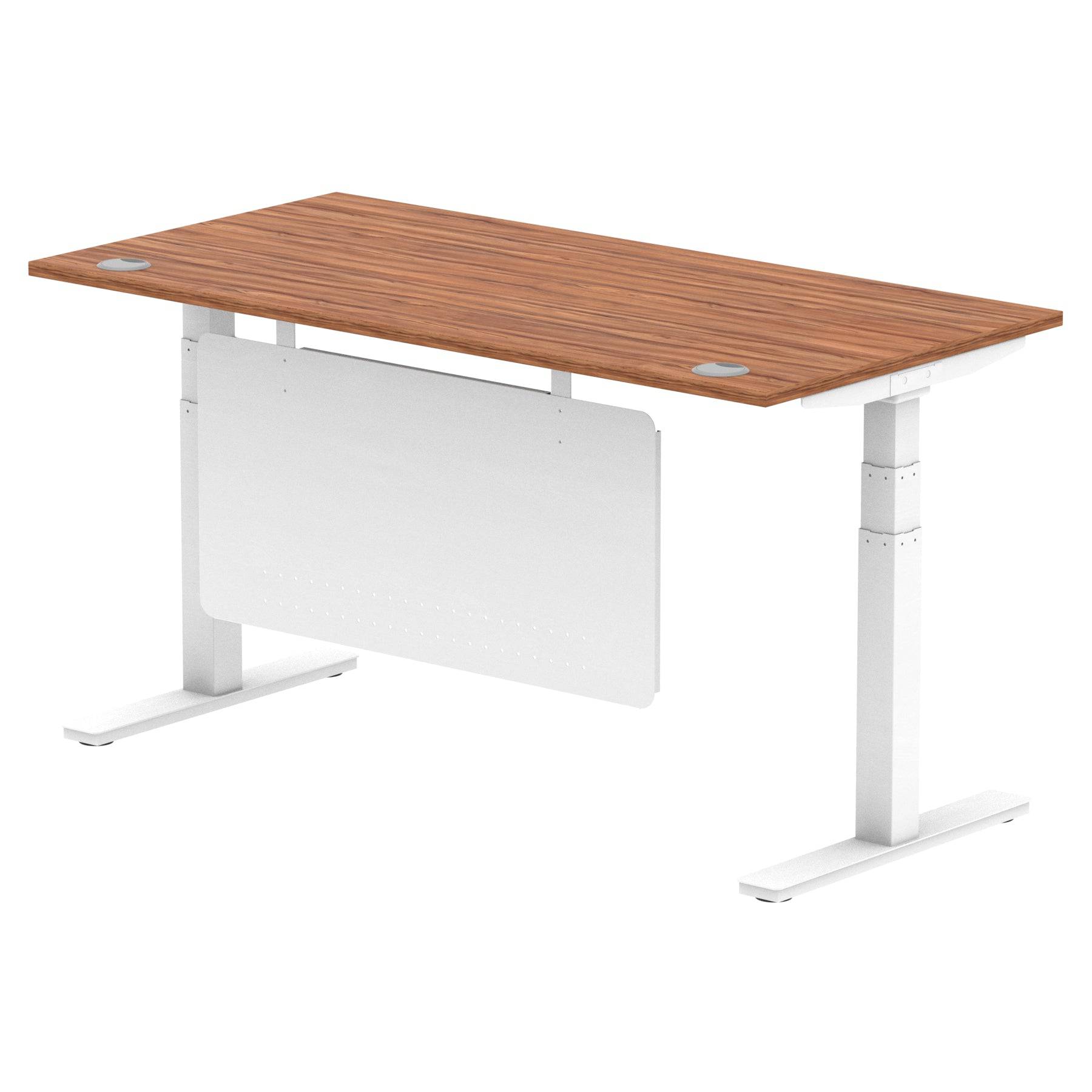 Air Modesty 800mm Height Adjustable Office Desk Walnut Top Cable Ports White Leg With White Steel Modesty Panel - Price Crash Furniture