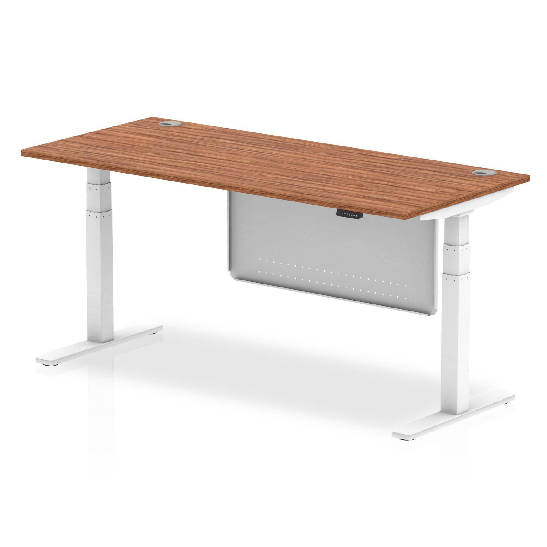 Air Modesty 800mm Height Adjustable Office Desk Walnut Top Cable Ports White Leg With White Steel Modesty Panel - Price Crash Furniture