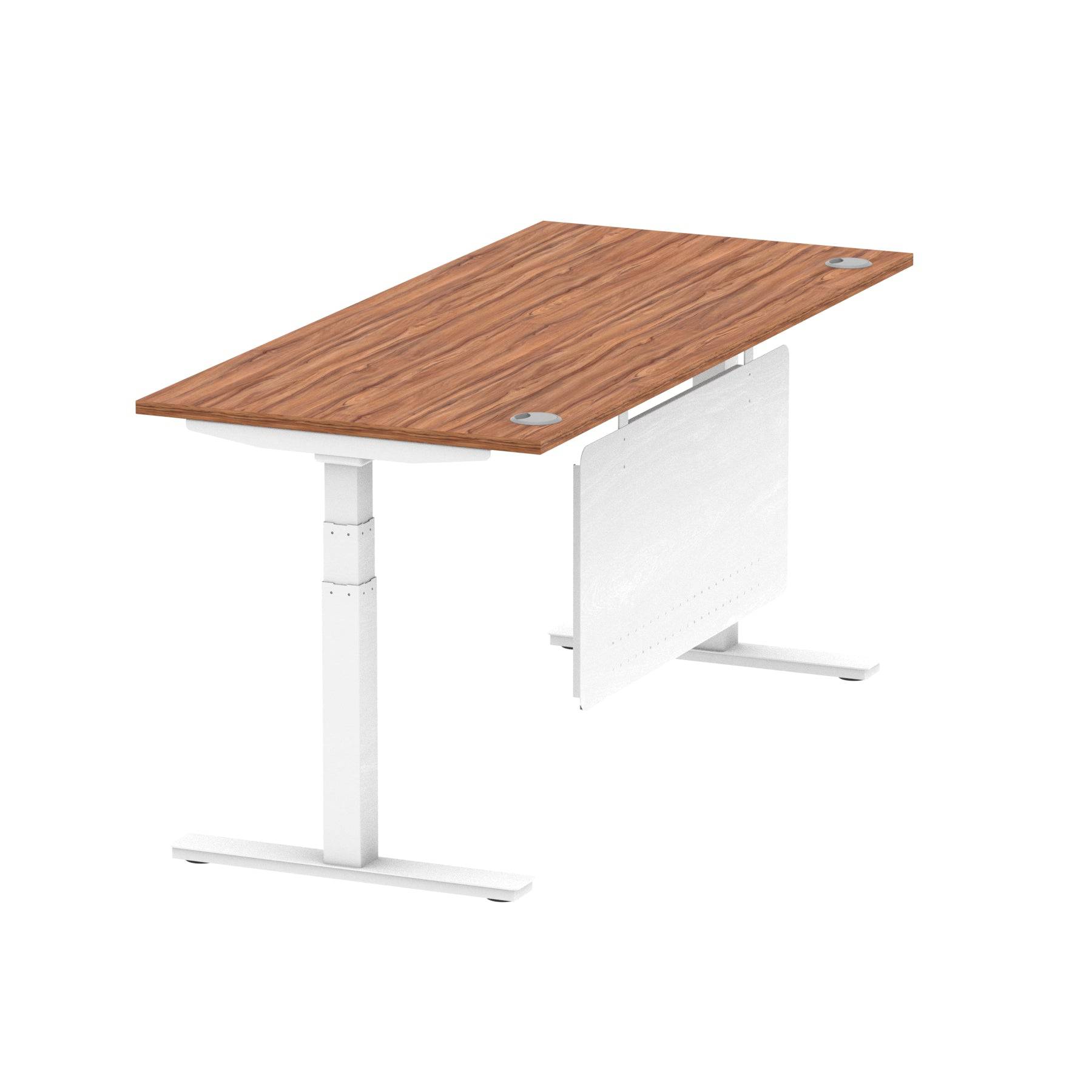 Air Modesty 800mm Height Adjustable Office Desk Walnut Top Cable Ports White Leg With White Steel Modesty Panel - Price Crash Furniture