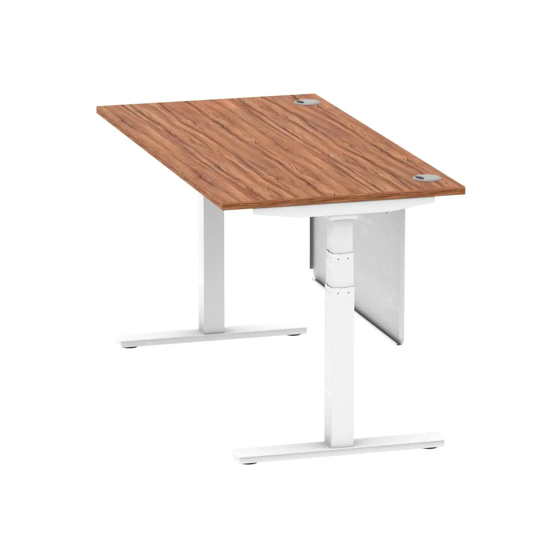 Air Modesty 800mm Height Adjustable Office Desk Walnut Top Cable Ports White Leg With White Steel Modesty Panel - Price Crash Furniture