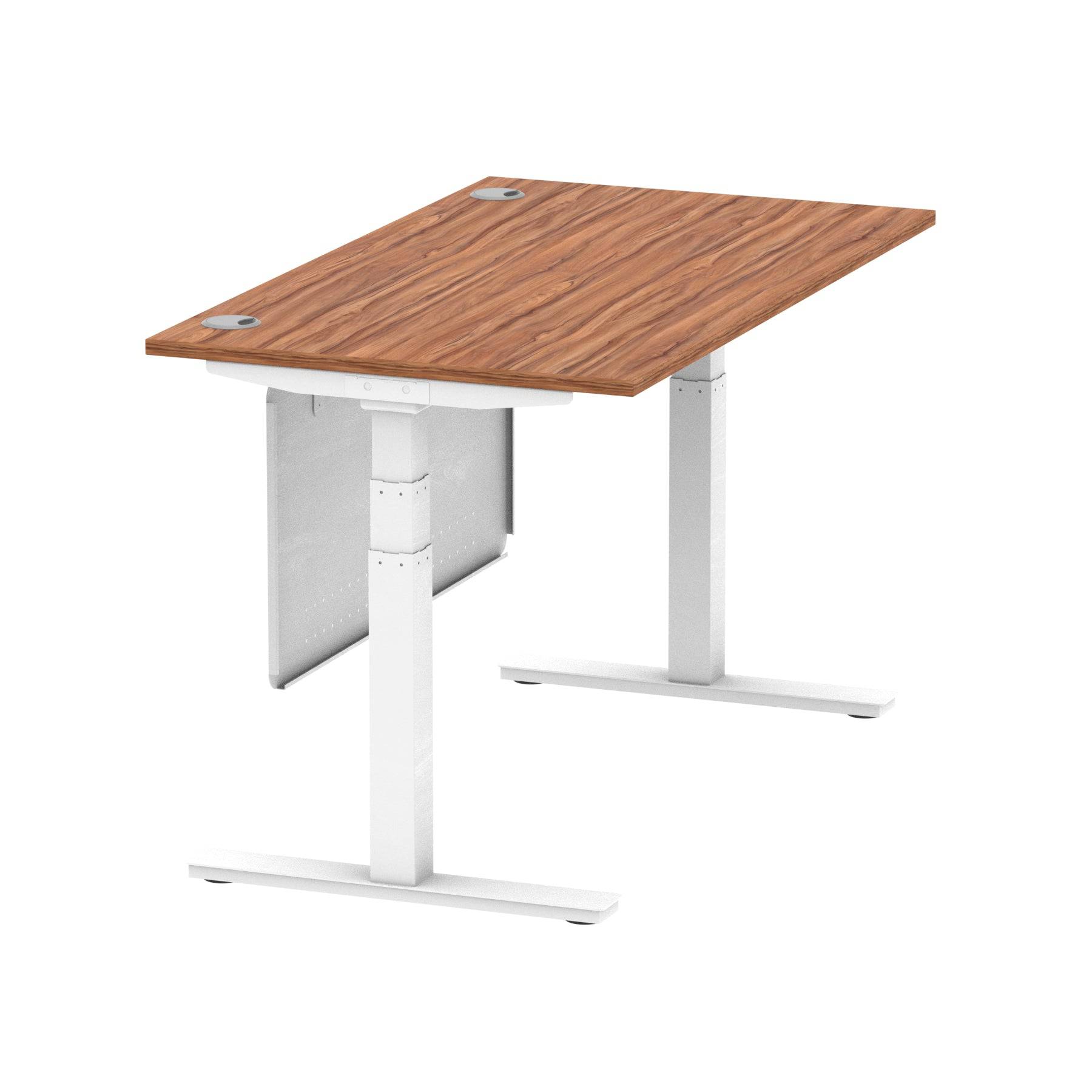 Air Modesty 800mm Height Adjustable Office Desk Walnut Top Cable Ports White Leg With White Steel Modesty Panel - Price Crash Furniture