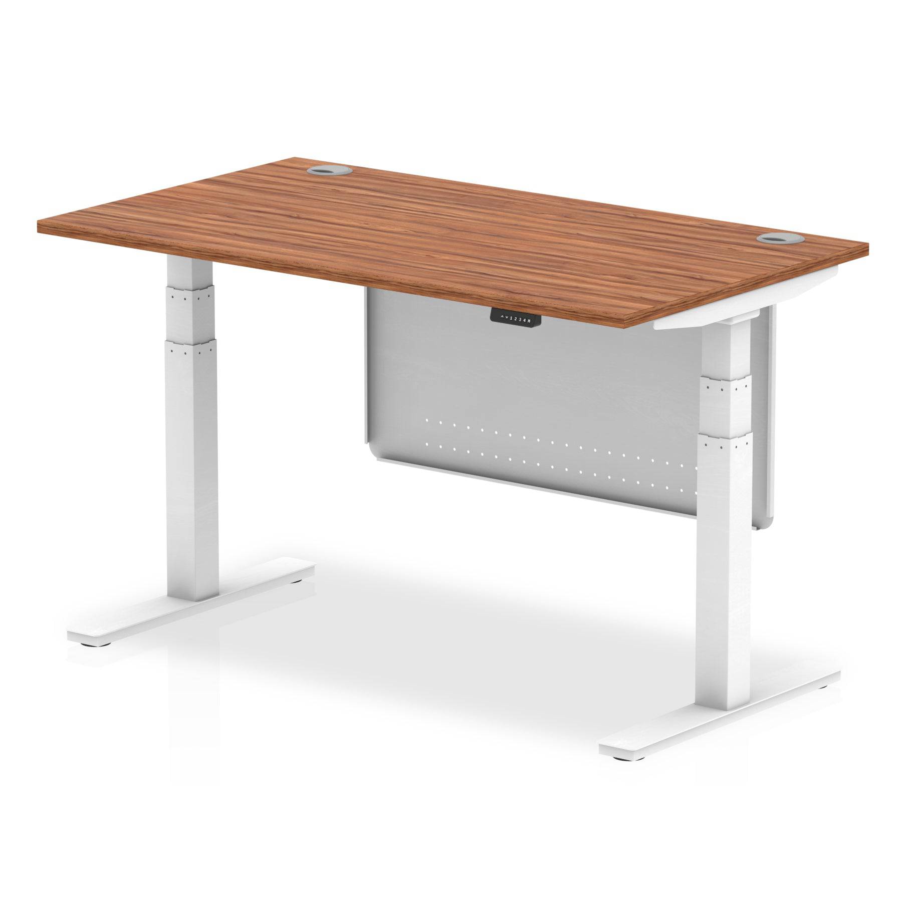 Air Modesty 800mm Height Adjustable Office Desk Walnut Top Cable Ports White Leg With White Steel Modesty Panel - Price Crash Furniture