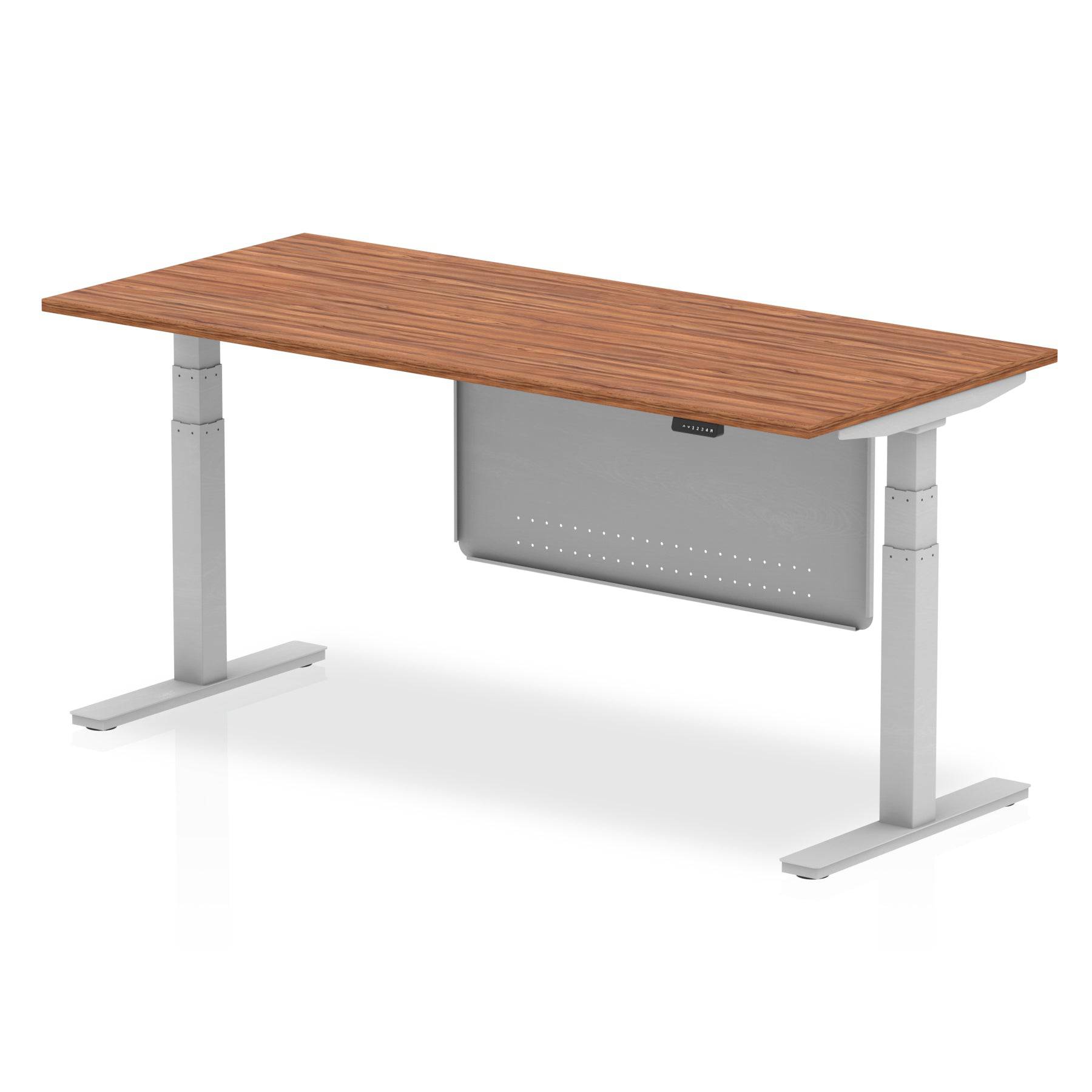 Air Modesty 800mm Height Adjustable Office Desk Walnut Top Silver Leg With Silver Steel Modesty Panel - Price Crash Furniture