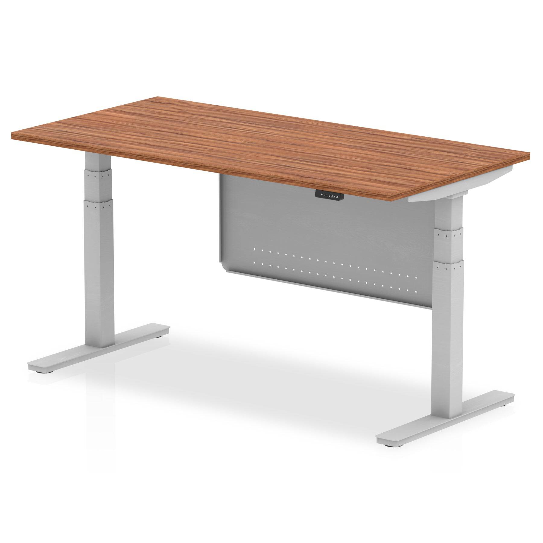 Air Modesty 800mm Height Adjustable Office Desk Walnut Top Silver Leg With Silver Steel Modesty Panel - Price Crash Furniture