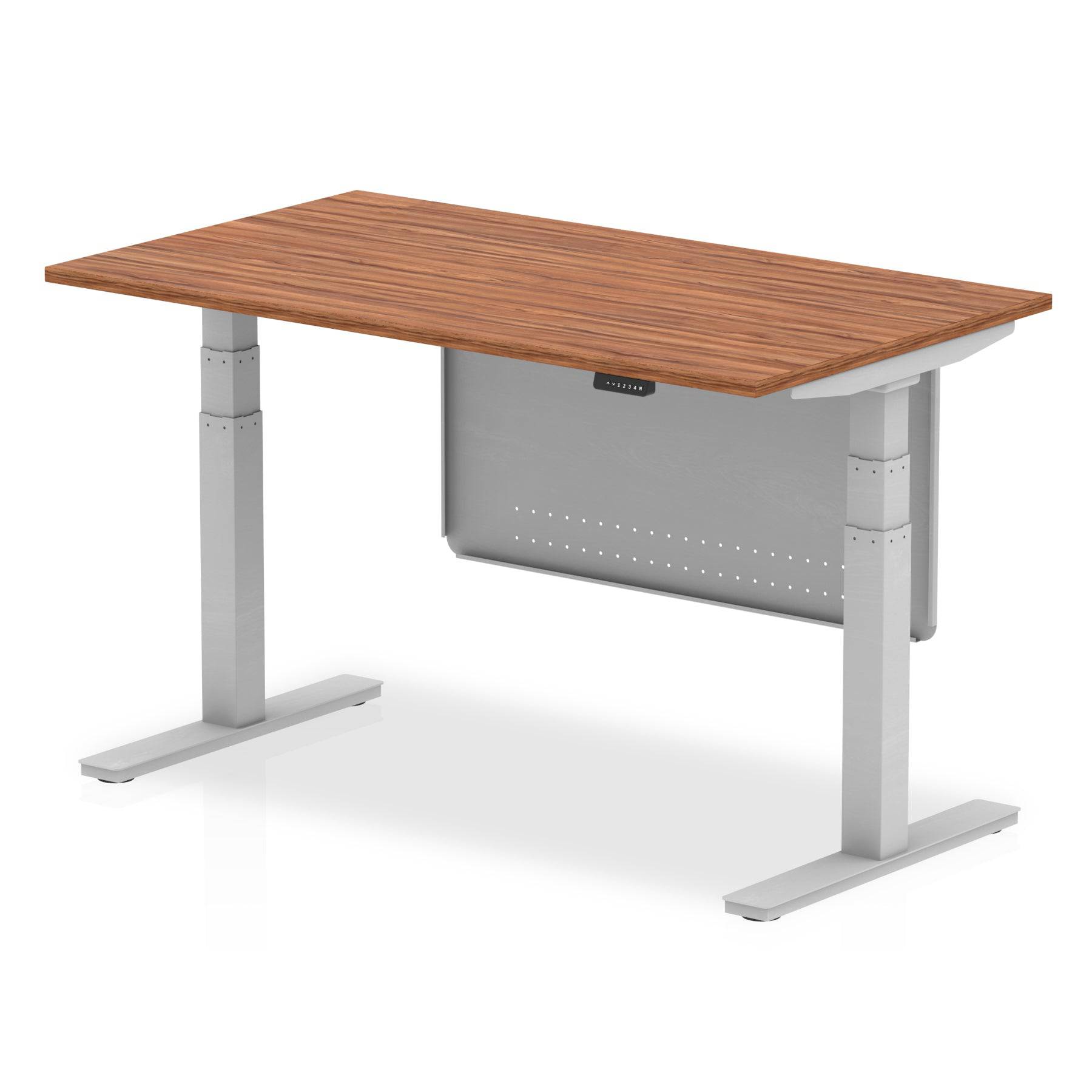 Air Modesty 800mm Height Adjustable Office Desk Walnut Top Silver Leg With Silver Steel Modesty Panel - Price Crash Furniture