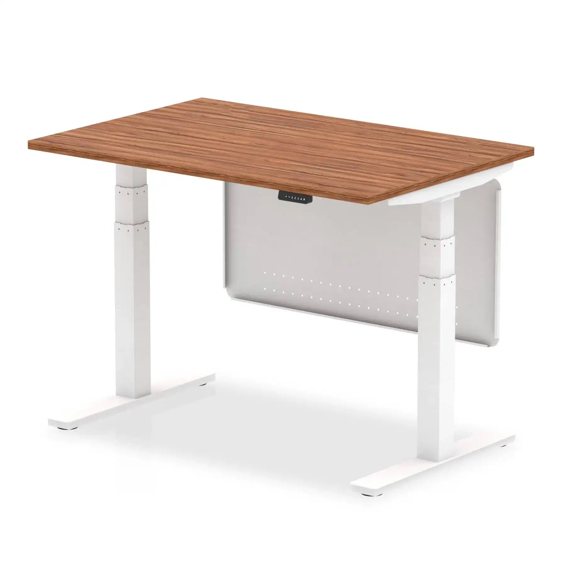 Air Modesty 800mm Height Adjustable Office Desk Walnut Top White Leg With White Steel Modesty Panel - Price Crash Furniture