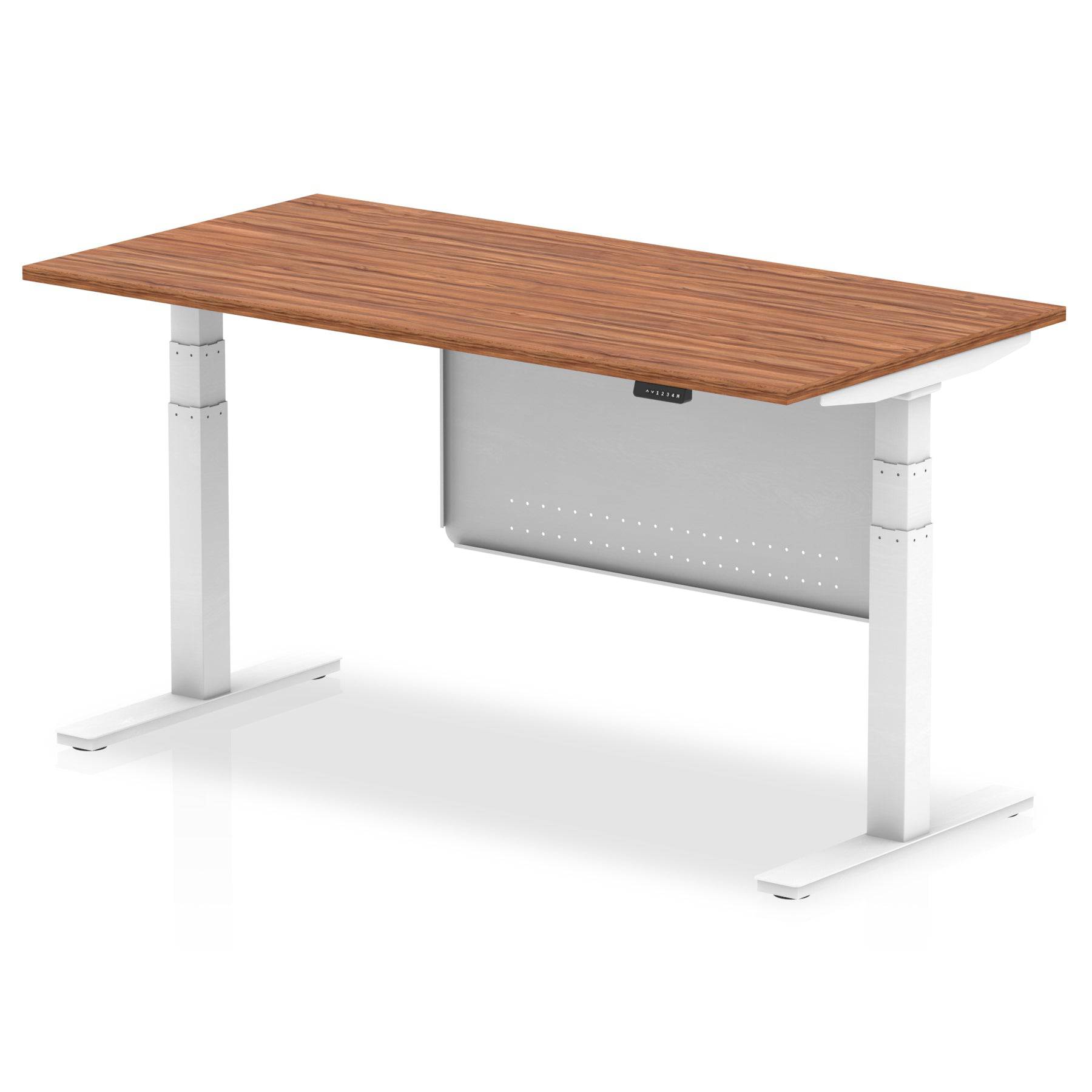 Air Modesty 800mm Height Adjustable Office Desk Walnut Top White Leg With White Steel Modesty Panel - Price Crash Furniture