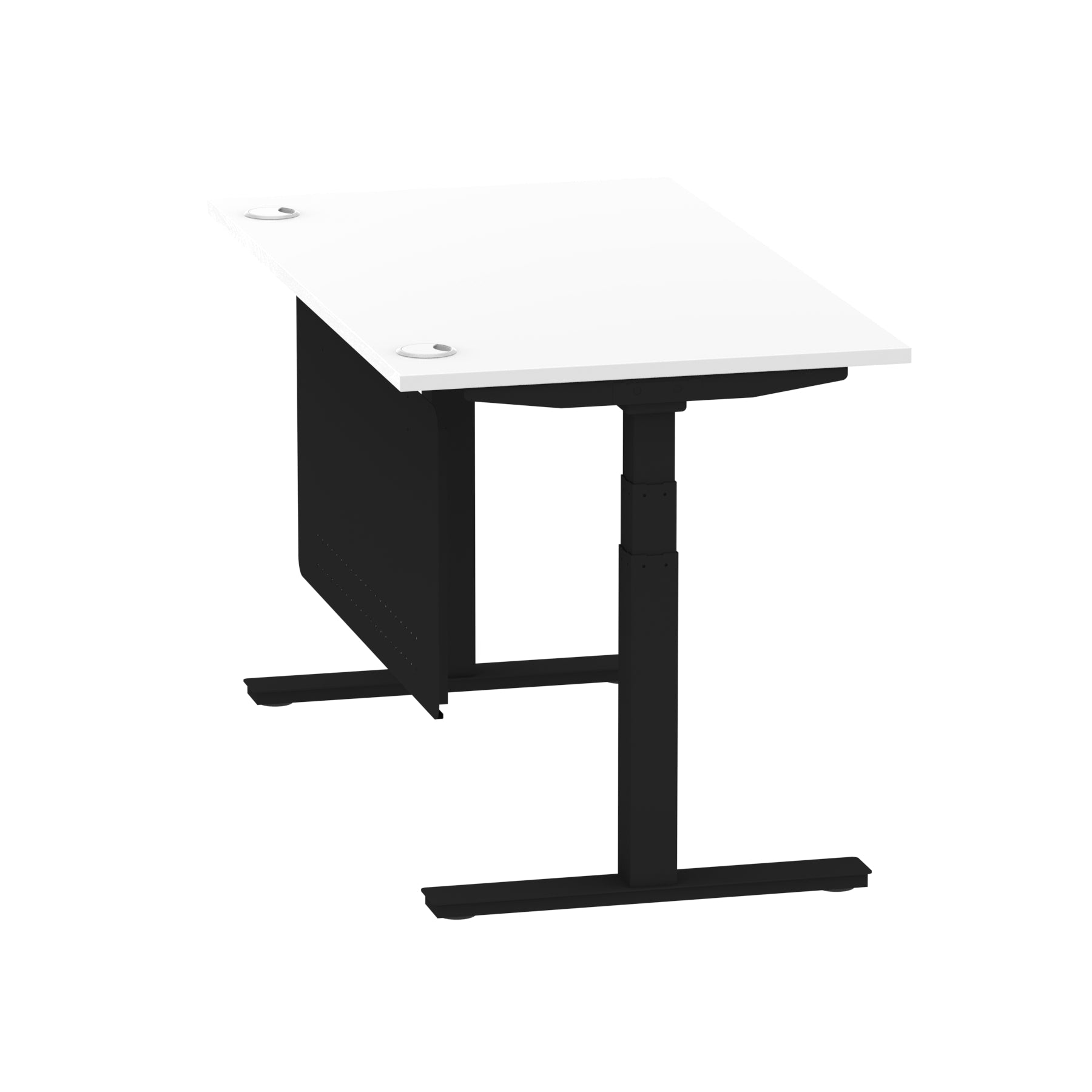 Air Modesty 800mm Height Adjustable Office Desk White Top Cable Ports Black Leg With Black Steel Modesty Panel - Price Crash Furniture