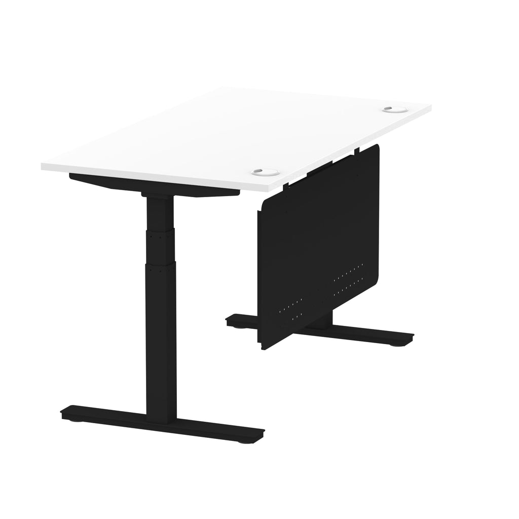 Air Modesty 800mm Height Adjustable Office Desk White Top Cable Ports Black Leg With Black Steel Modesty Panel - Price Crash Furniture