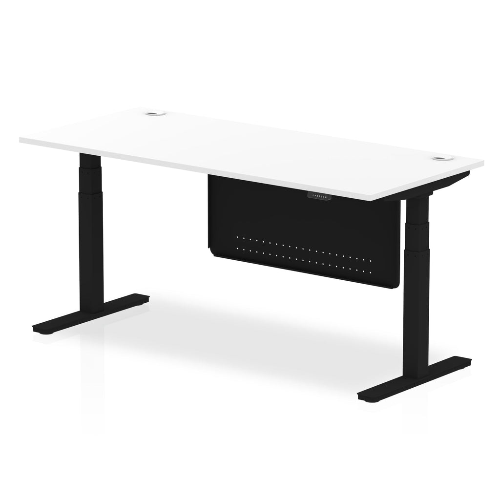 Air Modesty 800mm Height Adjustable Office Desk White Top Cable Ports Black Leg With Black Steel Modesty Panel - Price Crash Furniture