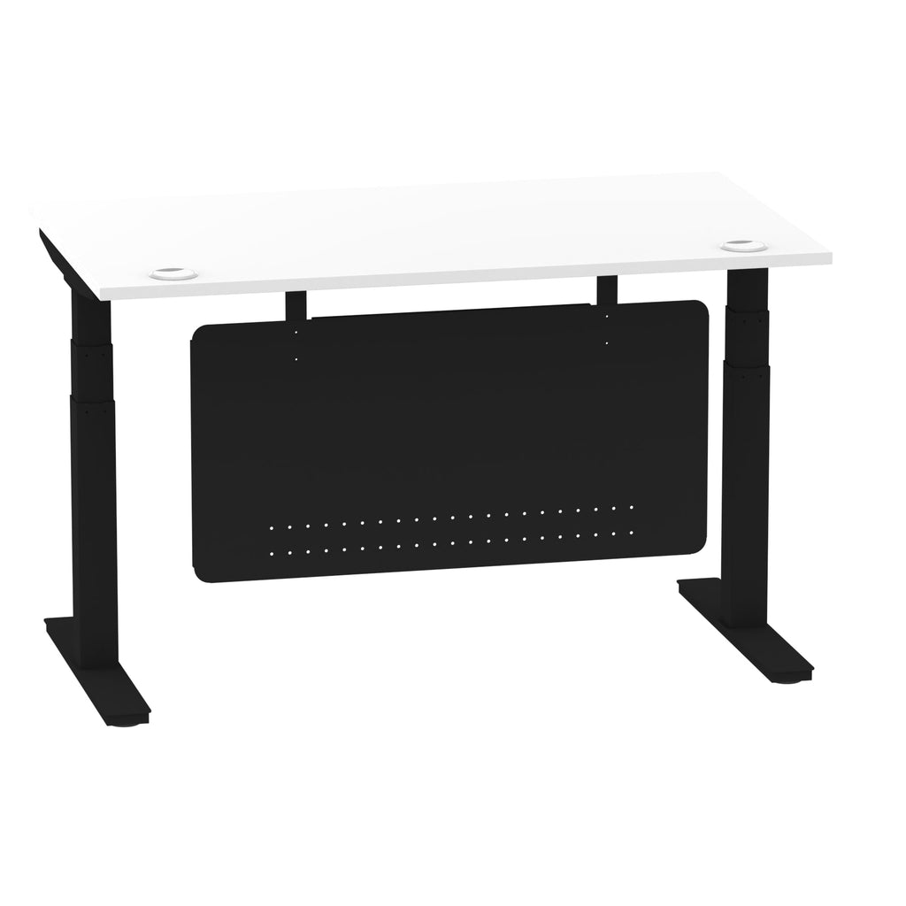 Air Modesty 800mm Height Adjustable Office Desk White Top Cable Ports Black Leg With Black Steel Modesty Panel - Price Crash Furniture