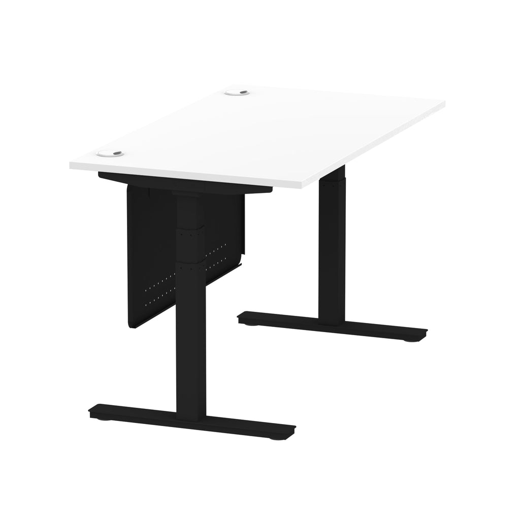 Air Modesty 800mm Height Adjustable Office Desk White Top Cable Ports Black Leg With Black Steel Modesty Panel - Price Crash Furniture