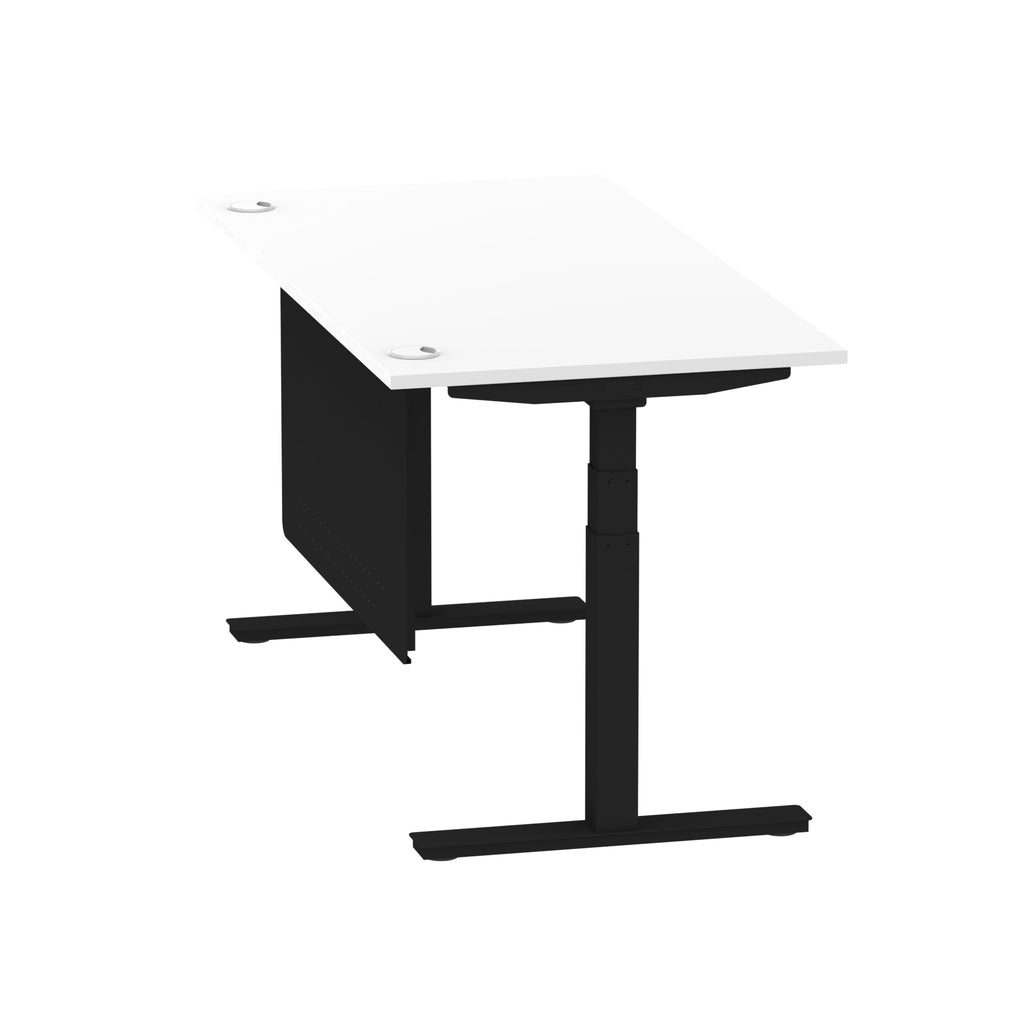 Air Modesty 800mm Height Adjustable Office Desk White Top Cable Ports Black Leg With Black Steel Modesty Panel - Price Crash Furniture