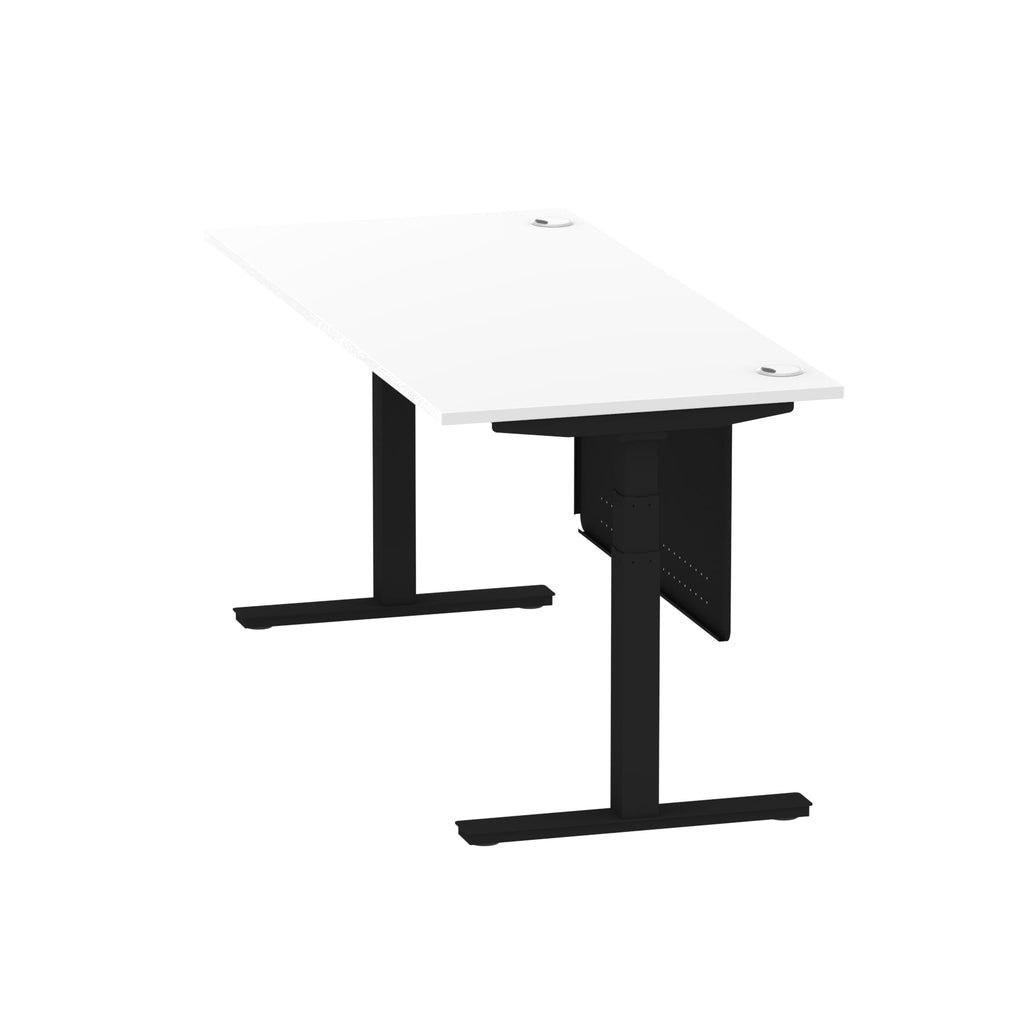 Air Modesty 800mm Height Adjustable Office Desk White Top Cable Ports Black Leg With Black Steel Modesty Panel - Price Crash Furniture