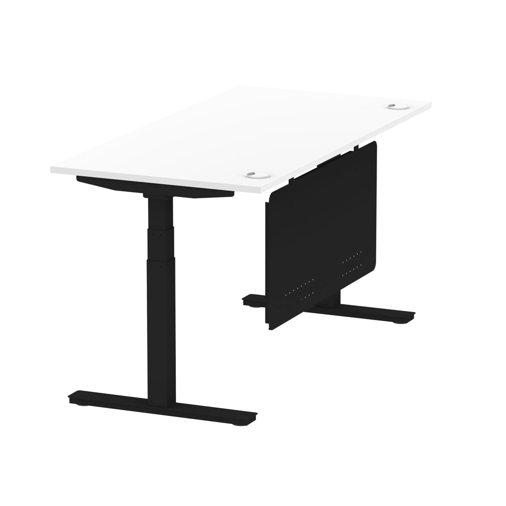 Air Modesty 800mm Height Adjustable Office Desk White Top Cable Ports Black Leg With Black Steel Modesty Panel - Price Crash Furniture