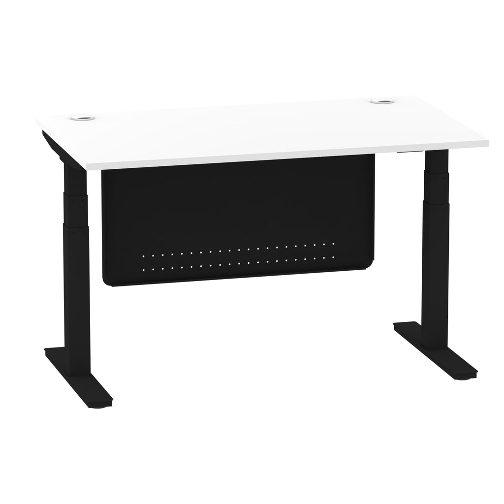 Air Modesty 800mm Height Adjustable Office Desk White Top Cable Ports Black Leg With Black Steel Modesty Panel - Price Crash Furniture