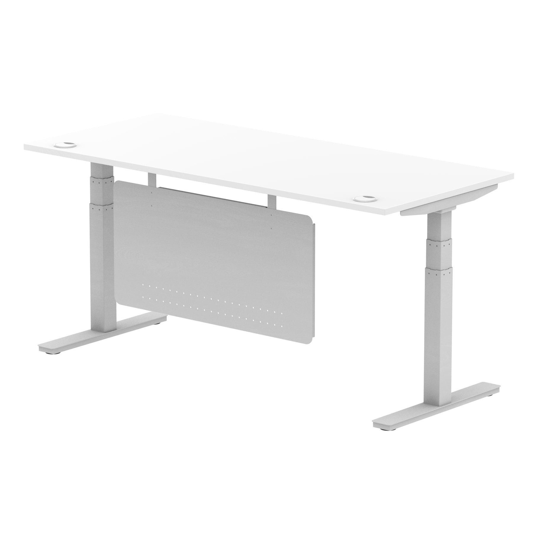 Air Modesty 800mm Height Adjustable Office Desk White Top Cable Ports Silver Leg With Silver Steel Modesty Panel - Price Crash Furniture