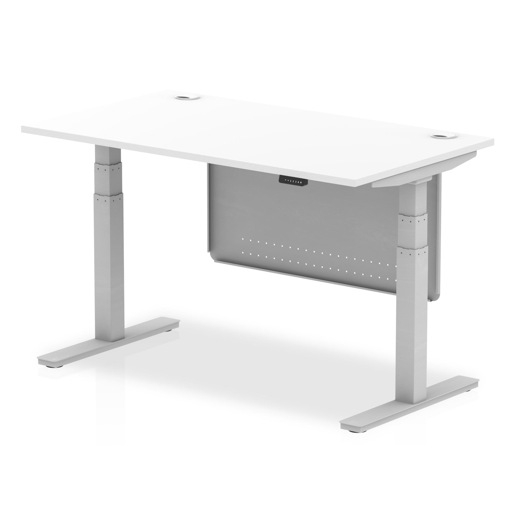 Air Modesty 800mm Height Adjustable Office Desk White Top Cable Ports Silver Leg With Silver Steel Modesty Panel - Price Crash Furniture