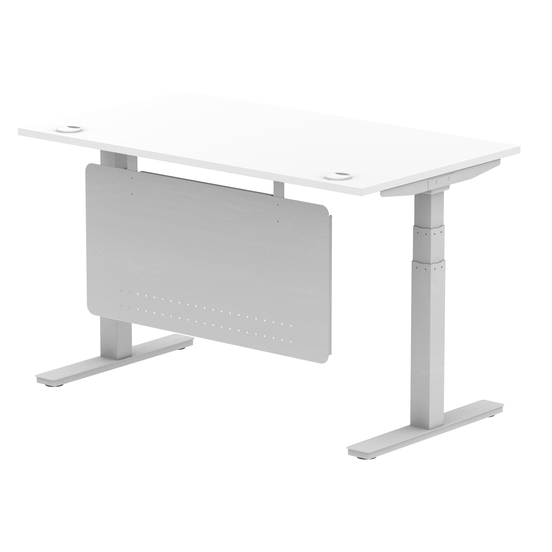 Air Modesty 800mm Height Adjustable Office Desk White Top Cable Ports Silver Leg With Silver Steel Modesty Panel - Price Crash Furniture