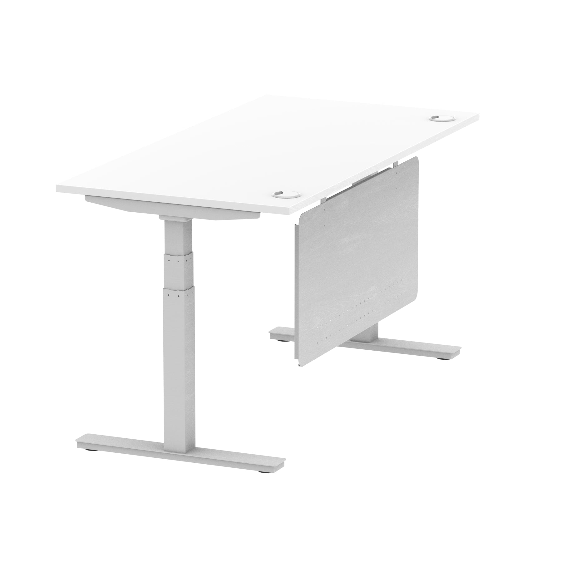 Air Modesty 800mm Height Adjustable Office Desk White Top Cable Ports Silver Leg With Silver Steel Modesty Panel - Price Crash Furniture