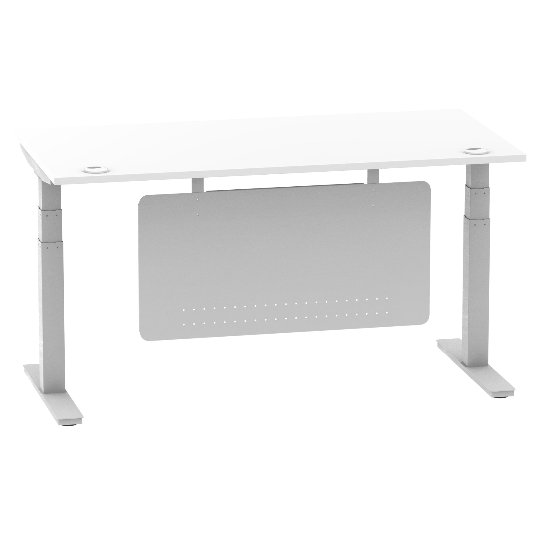 Air Modesty 800mm Height Adjustable Office Desk White Top Cable Ports Silver Leg With Silver Steel Modesty Panel - Price Crash Furniture