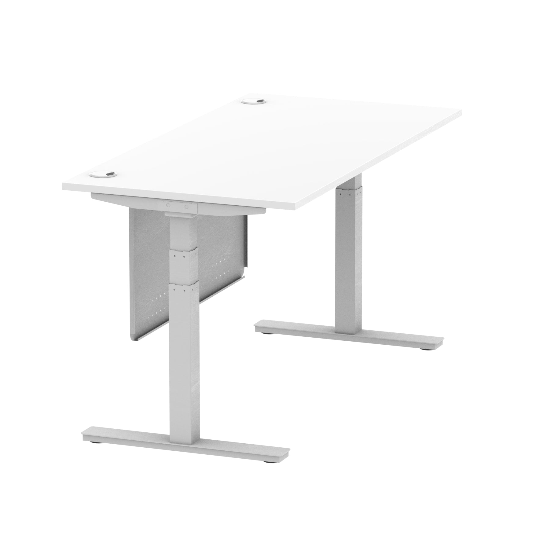 Air Modesty 800mm Height Adjustable Office Desk White Top Cable Ports Silver Leg With Silver Steel Modesty Panel - Price Crash Furniture