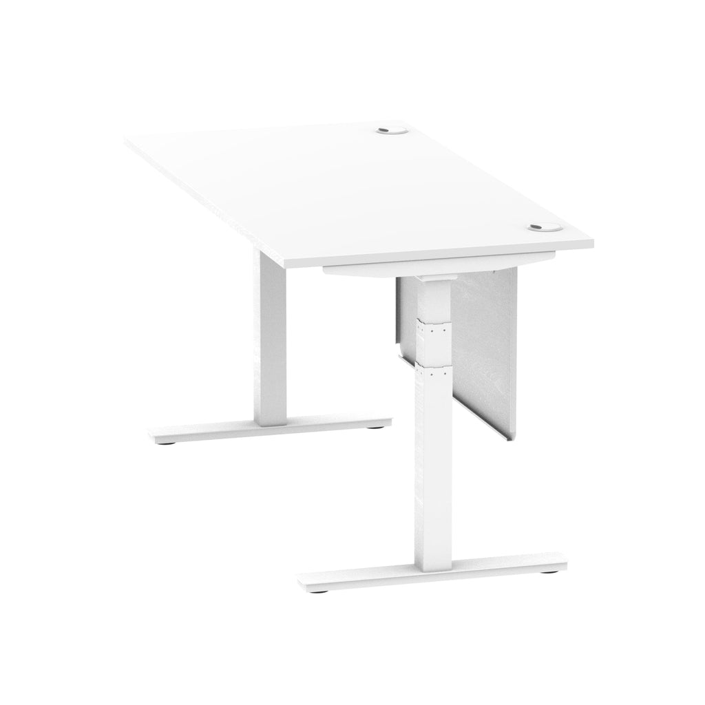 Air Modesty 800mm Height Adjustable Office Desk White Top Cable Ports White Leg With White Steel Modesty Panel - Price Crash Furniture