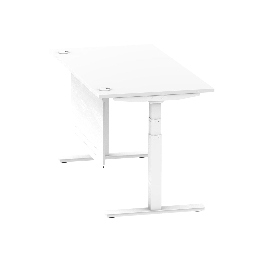 Air Modesty 800mm Height Adjustable Office Desk White Top Cable Ports White Leg With White Steel Modesty Panel - Price Crash Furniture