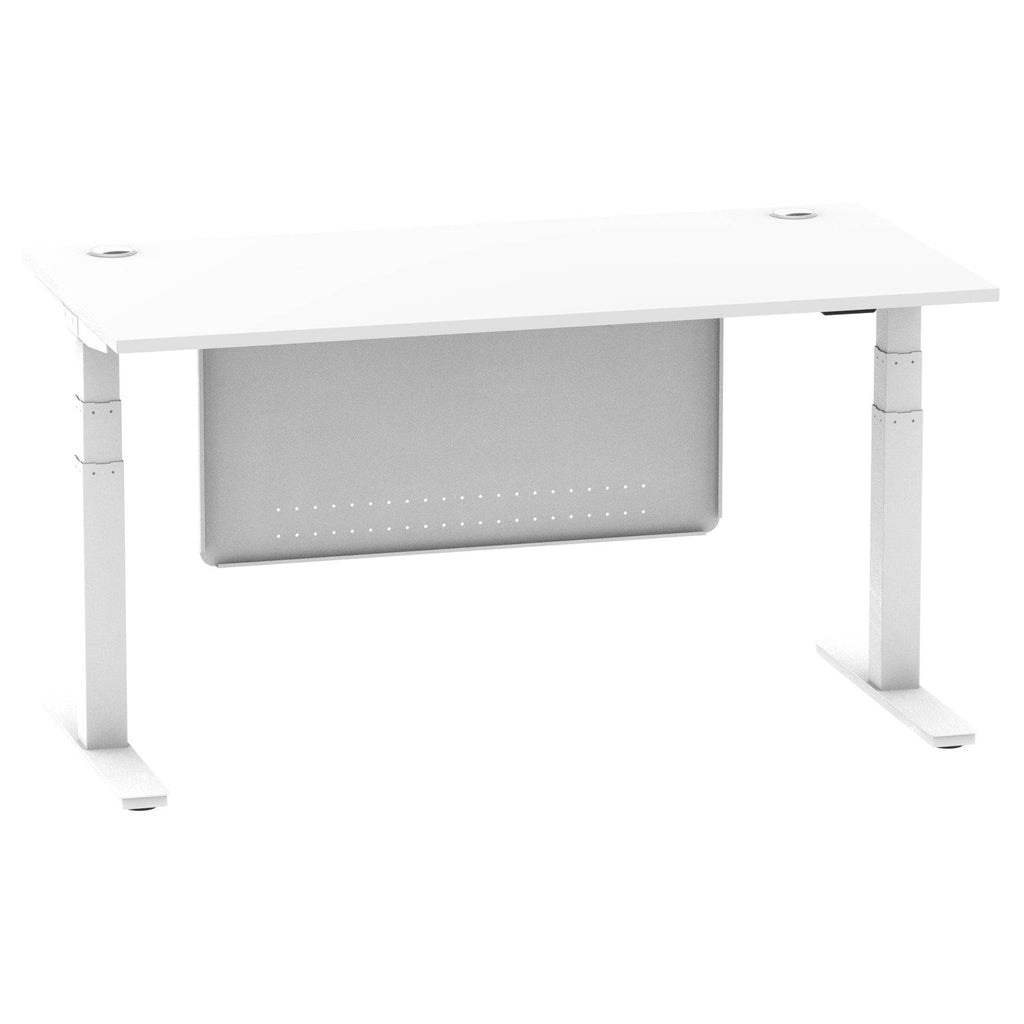 Air Modesty 800mm Height Adjustable Office Desk White Top Cable Ports White Leg With White Steel Modesty Panel - Price Crash Furniture