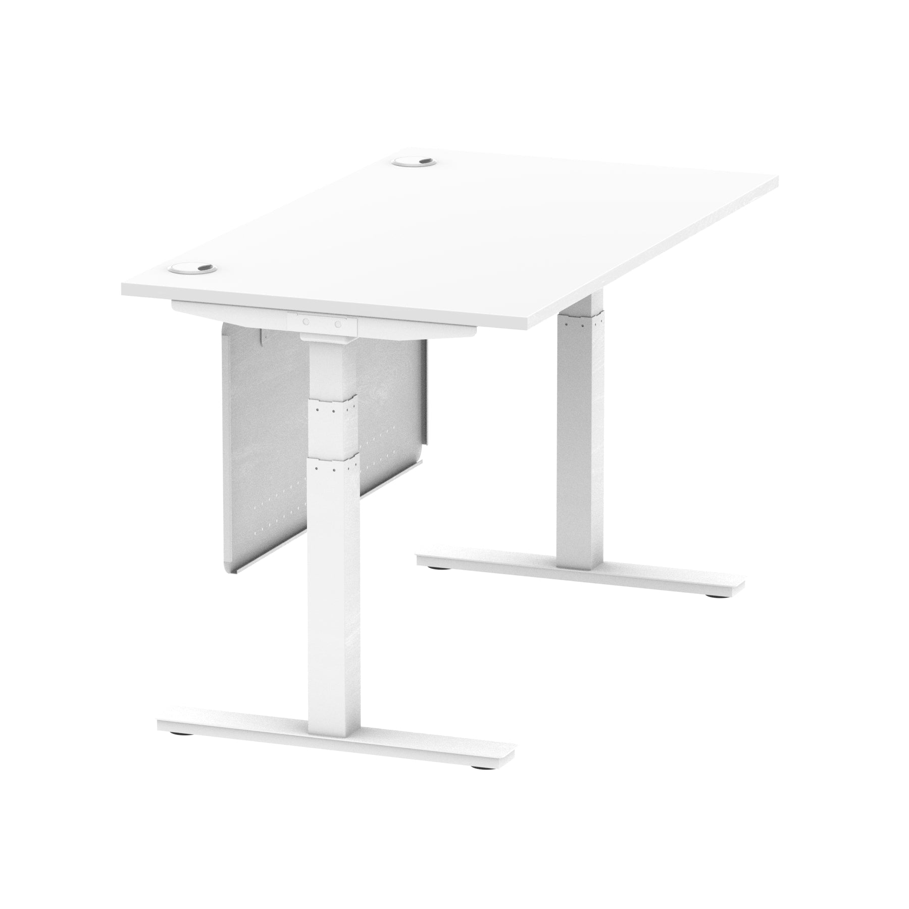 Air Modesty 800mm Height Adjustable Office Desk White Top Cable Ports White Leg With White Steel Modesty Panel - Price Crash Furniture