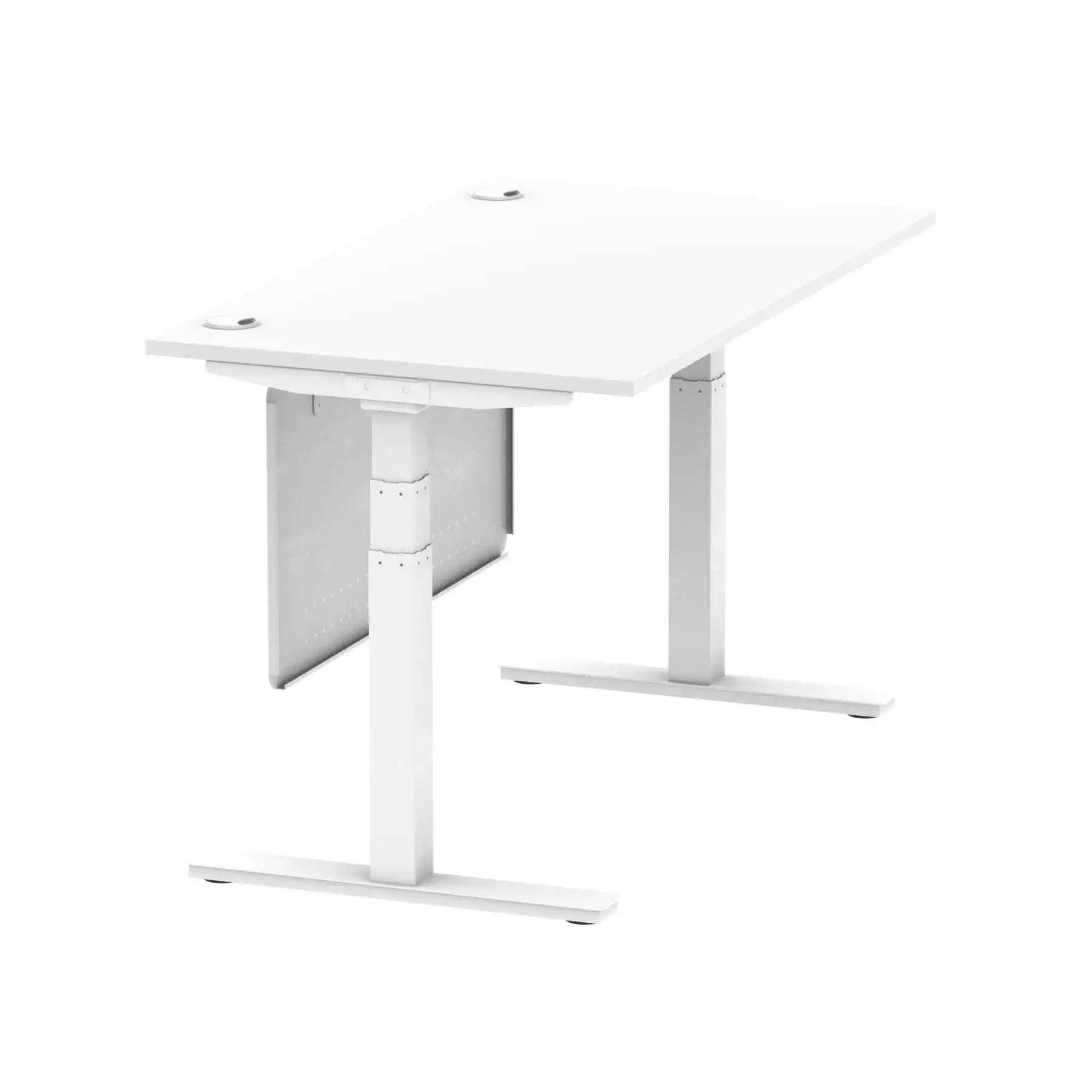 Air Modesty 800mm Height Adjustable Office Desk White Top Cable Ports White Leg With White Steel Modesty Panel - Price Crash Furniture