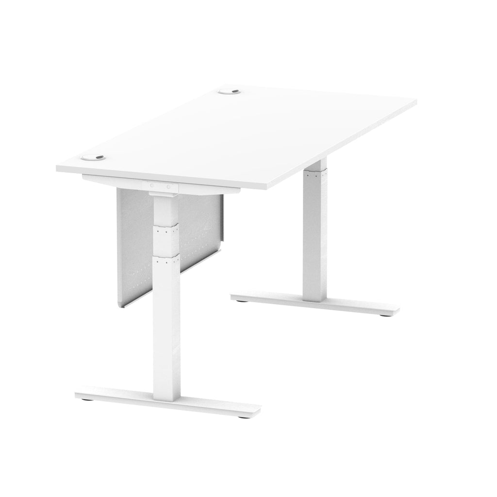 Air Modesty 800mm Height Adjustable Office Desk White Top Cable Ports White Leg With White Steel Modesty Panel - Price Crash Furniture