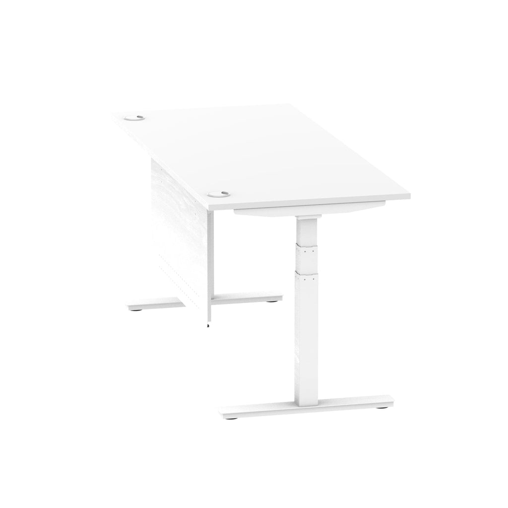 Air Modesty 800mm Height Adjustable Office Desk White Top Cable Ports White Leg With White Steel Modesty Panel - Price Crash Furniture