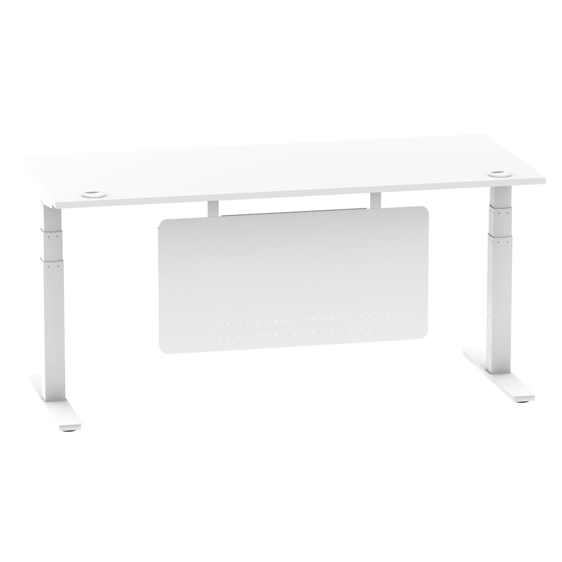 Air Modesty 800mm Height Adjustable Office Desk White Top Cable Ports White Leg With White Steel Modesty Panel - Price Crash Furniture