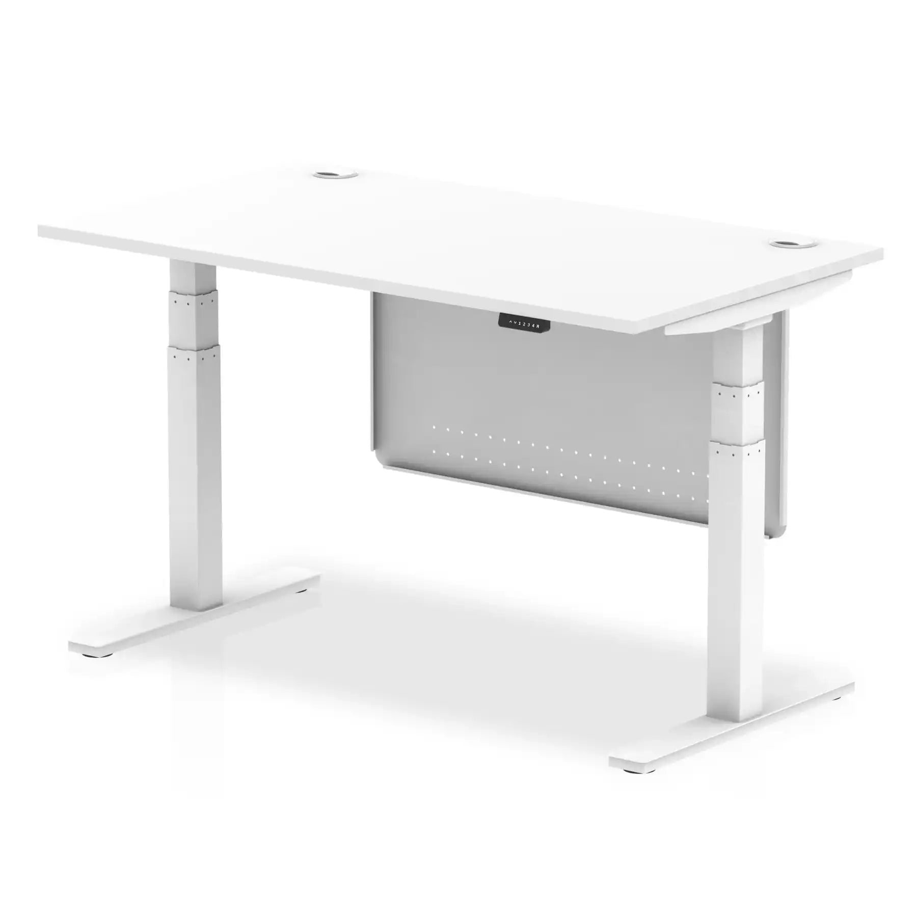 Air Modesty 800mm Height Adjustable Office Desk White Top Cable Ports White Leg With White Steel Modesty Panel - Price Crash Furniture