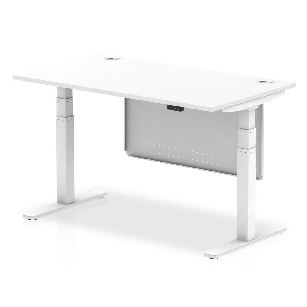 Air Modesty 800mm Height Adjustable Office Desk White Top Cable Ports White Leg With White Steel Modesty Panel - Price Crash Furniture