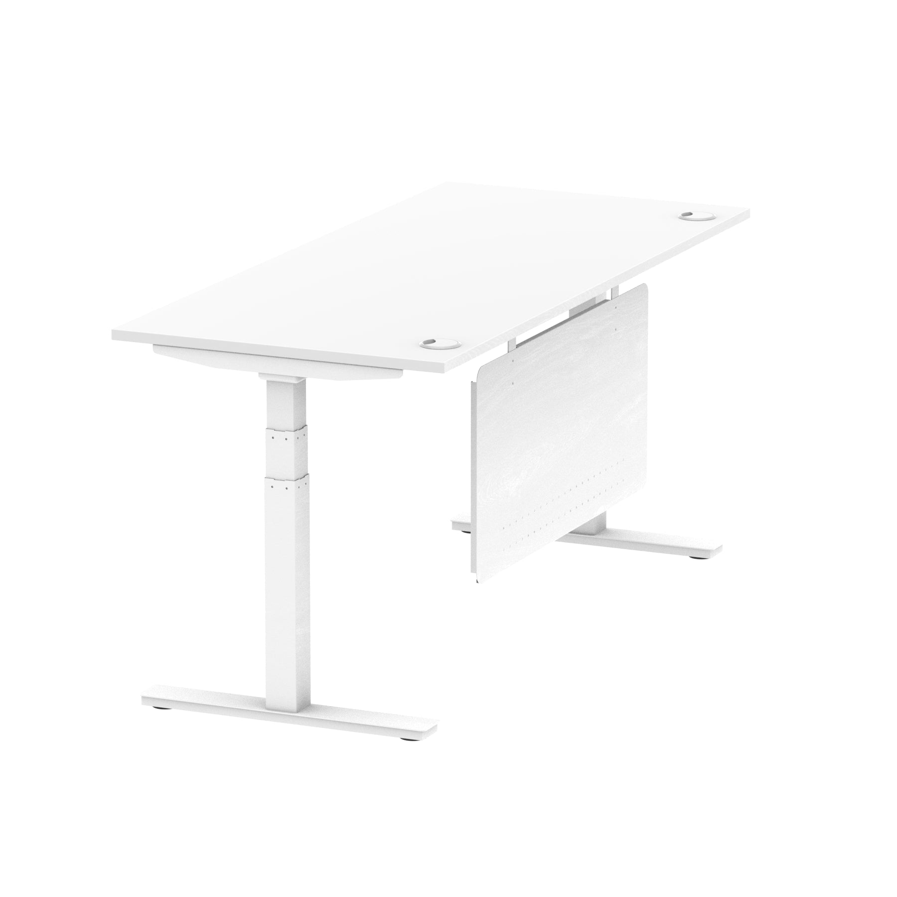 Air Modesty 800mm Height Adjustable Office Desk White Top Cable Ports White Leg With White Steel Modesty Panel - Price Crash Furniture