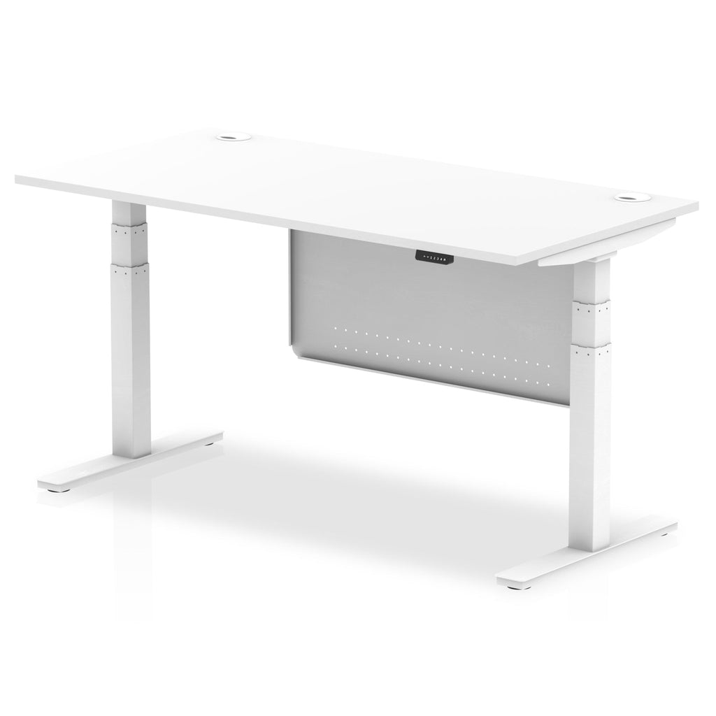 Air Modesty 800mm Height Adjustable Office Desk White Top Cable Ports White Leg With White Steel Modesty Panel - Price Crash Furniture