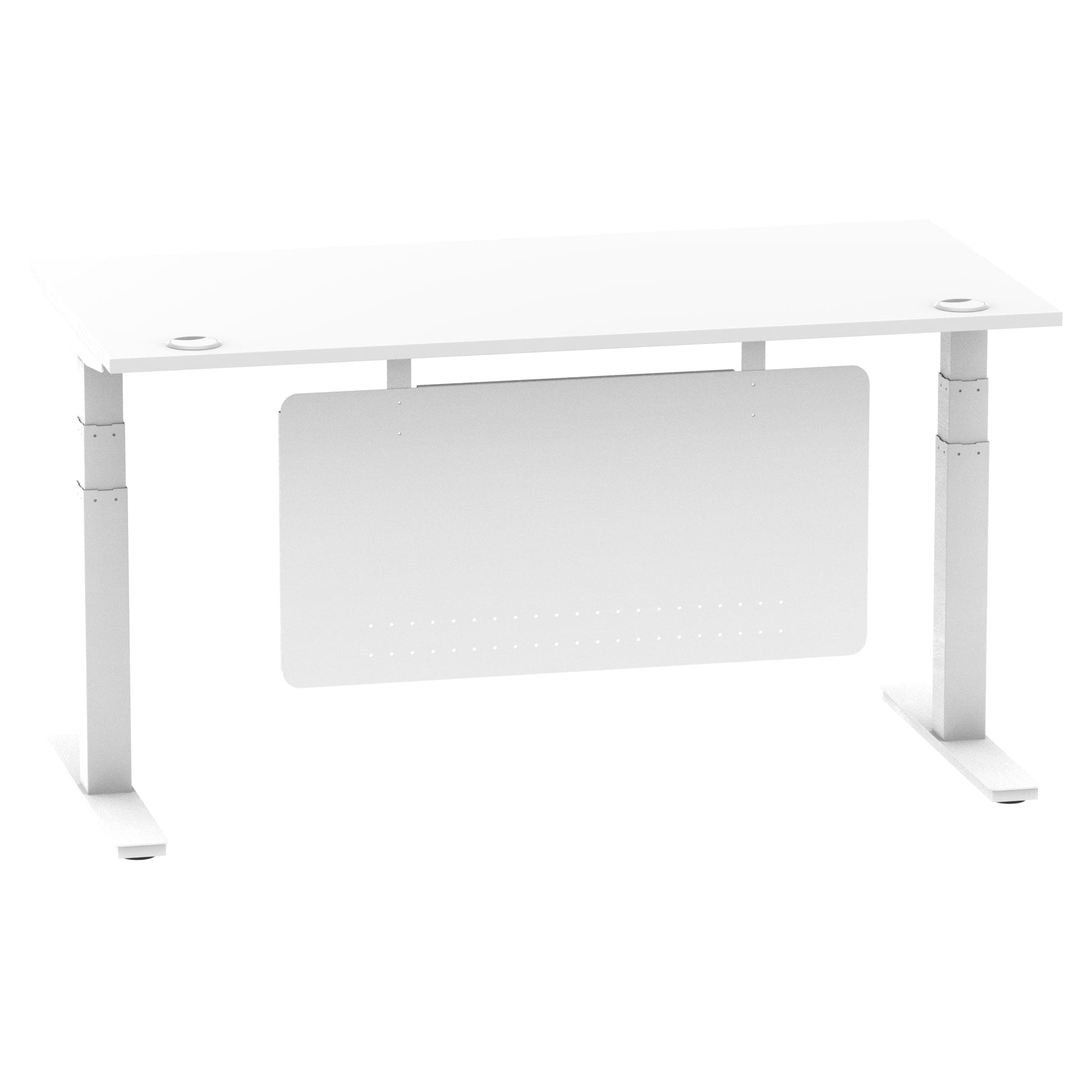 Air Modesty 800mm Height Adjustable Office Desk White Top Cable Ports White Leg With White Steel Modesty Panel - Price Crash Furniture