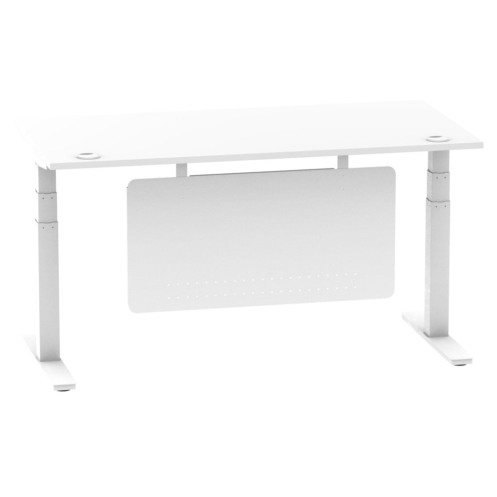 Air Modesty 800mm Height Adjustable Office Desk White Top Cable Ports White Leg With White Steel Modesty Panel - Price Crash Furniture