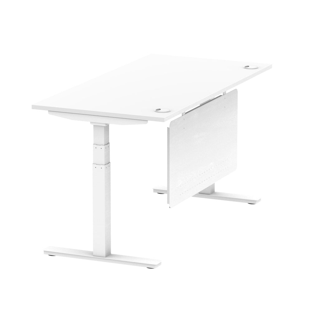 Air Modesty 800mm Height Adjustable Office Desk White Top Cable Ports White Leg With White Steel Modesty Panel - Price Crash Furniture