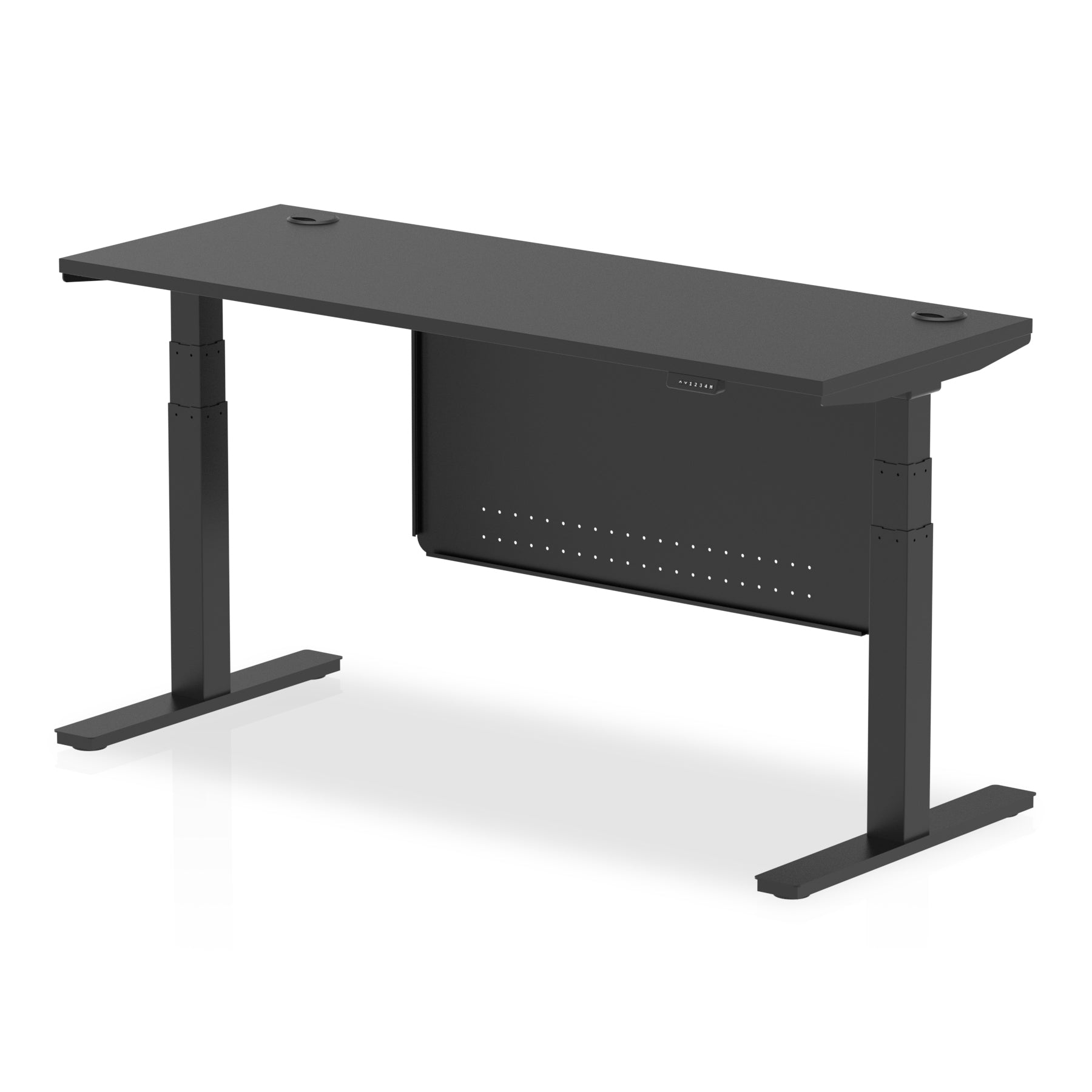 Air Modesty Black Series 600mm Height Adjustable Office Desk Black Top with Cable Ports Black Leg With Black Steel Modesty Panel - Price Crash Furniture