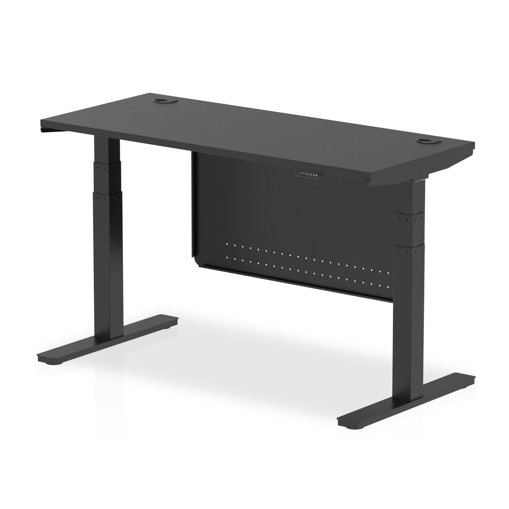 Air Modesty Black Series 600mm Height Adjustable Office Desk Black Top with Cable Ports Black Leg With Black Steel Modesty Panel - Price Crash Furniture