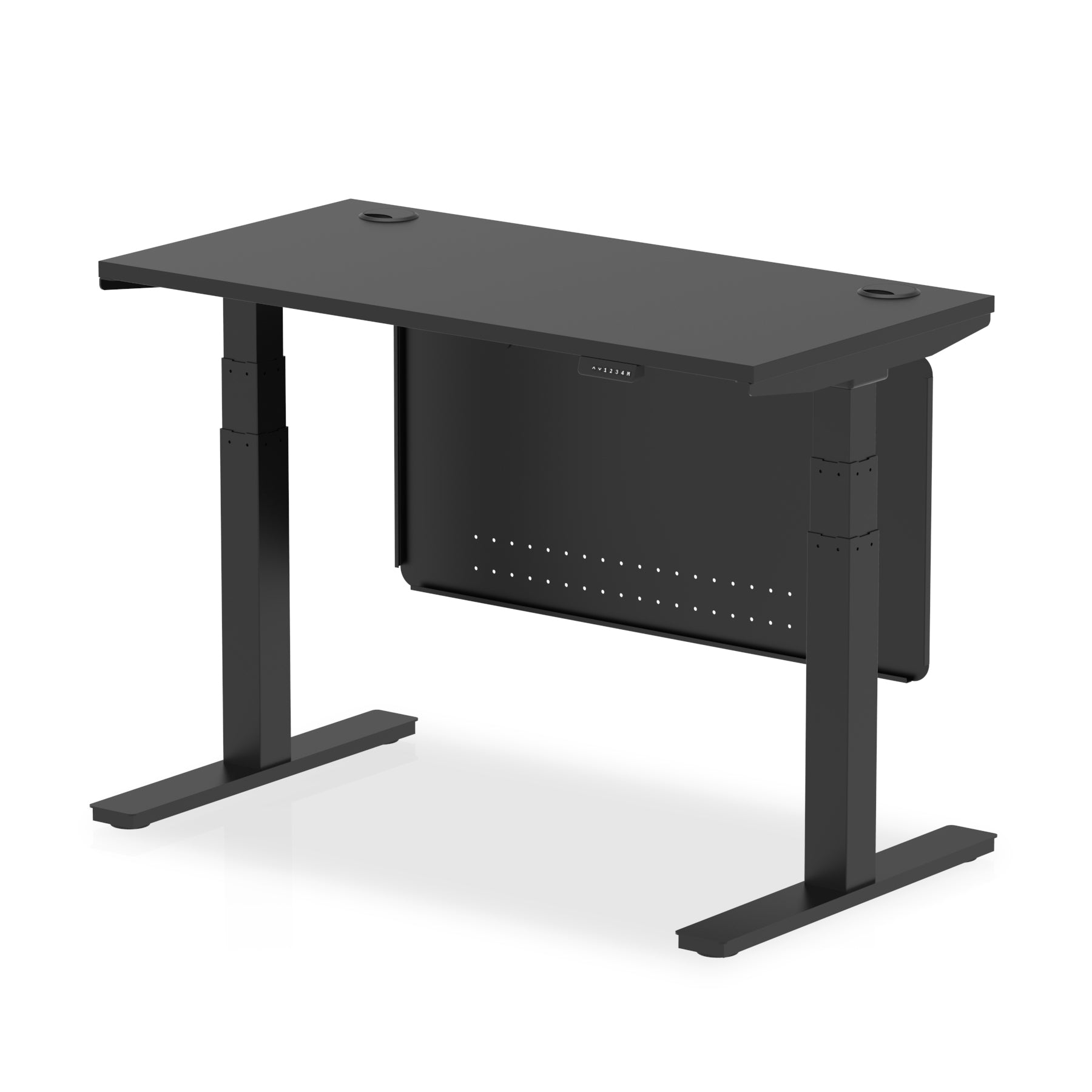 Air Modesty Black Series 600mm Height Adjustable Office Desk Black Top with Cable Ports Black Leg With Black Steel Modesty Panel - Price Crash Furniture