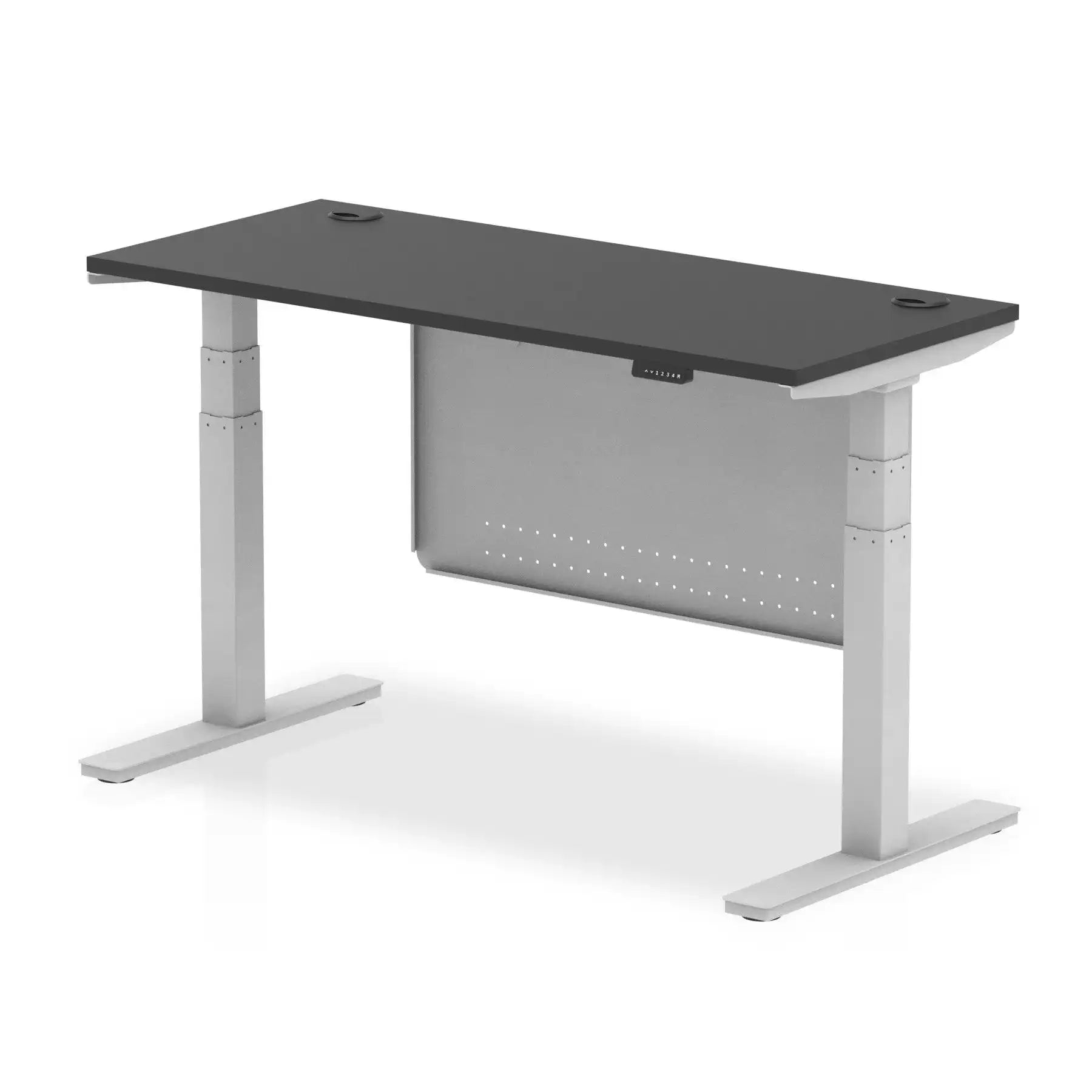 Air Modesty Black Series 600mm Height Adjustable Office Desk Black Top with Cable Ports Silver Leg With Silver Steel Modesty Panel - Price Crash Furniture