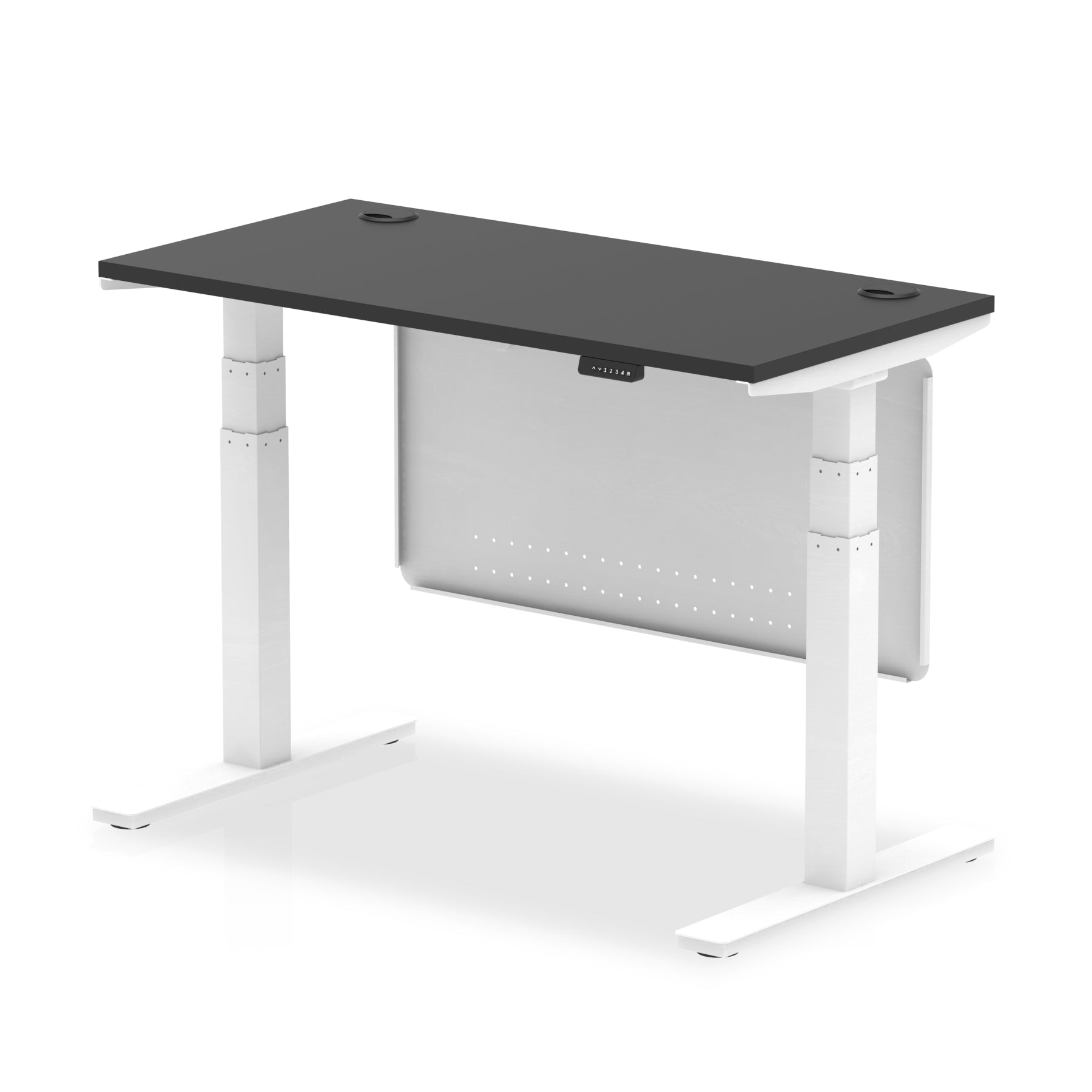 Air Modesty Black Series 600mm Height Adjustable Office Desk Black Top with Cable Ports White Leg With White Steel Modesty Panel - Price Crash Furniture